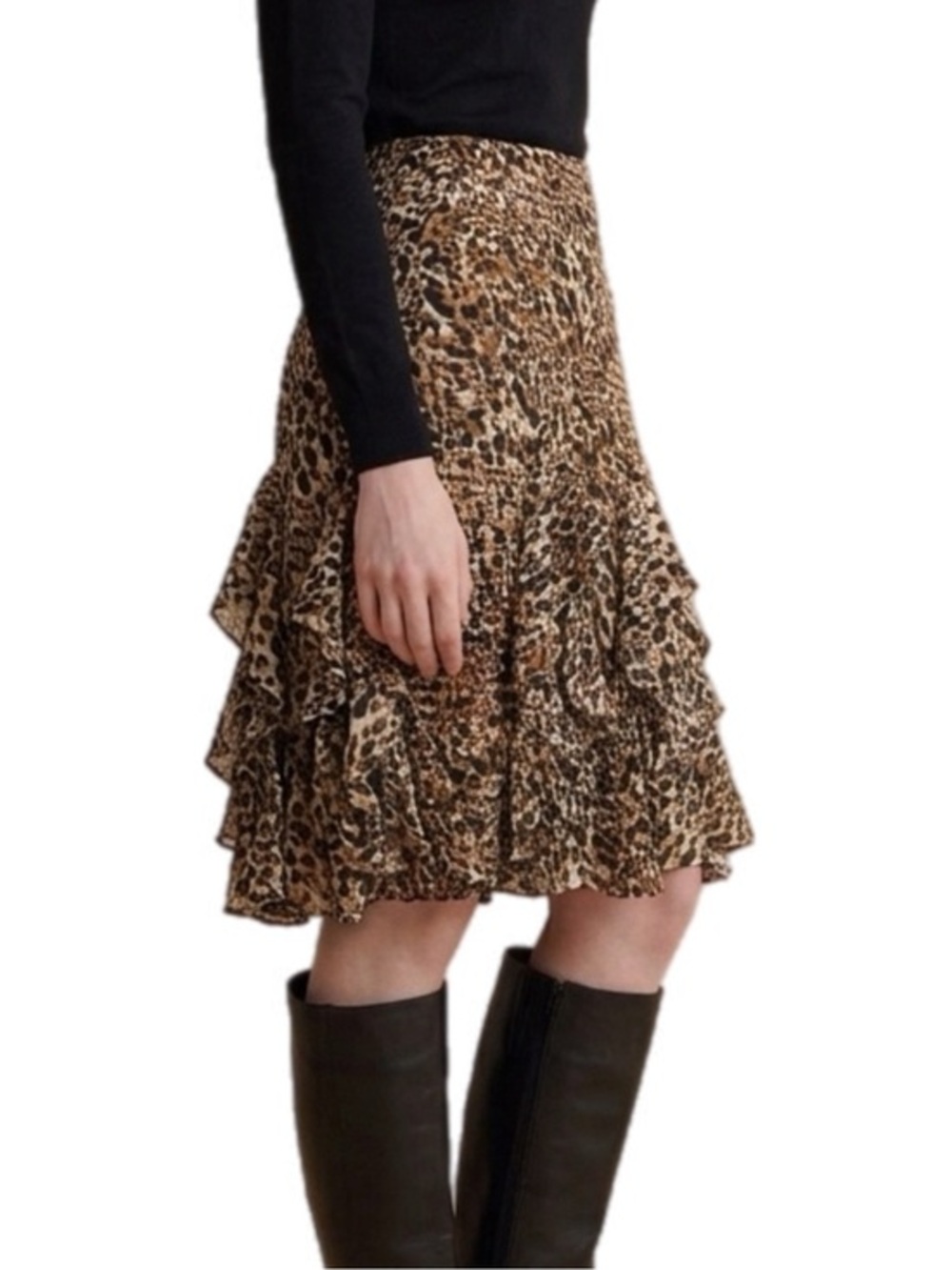 Lauren Ralph Lauren | Black Brown Georgette Skirt Leopard Ruffle Midi